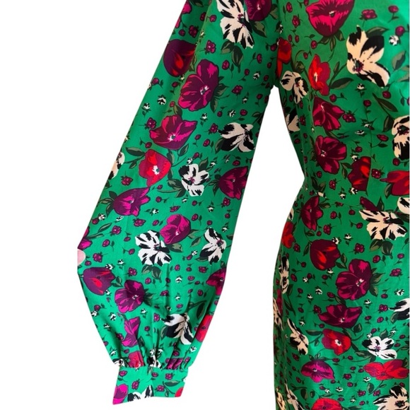 Melloday Green Floral Wrap Midi Dress Small – Long Sleeve Ruffle Hem V-Neck - Picture 3 of 10